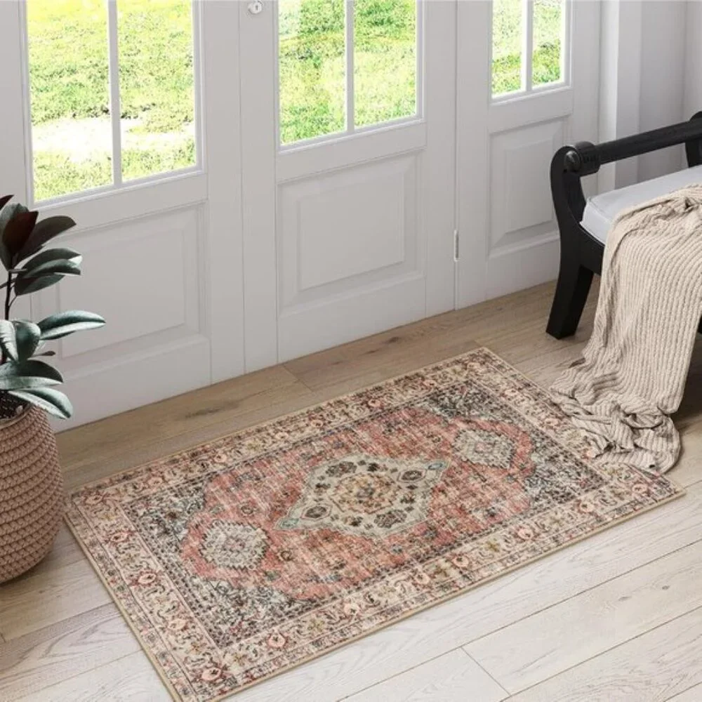 New 2x4 Peach Orange Oriental Rug, Washable, Non-Slip Vintage Entryway Carpet